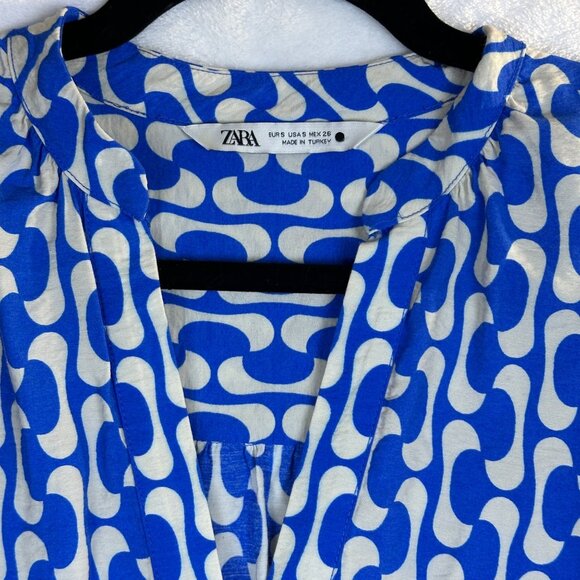 Zara Womens Blue White Flowy Dress With Belt Long Sleeves Ruffle Hem Size S - Picture 12 of 13